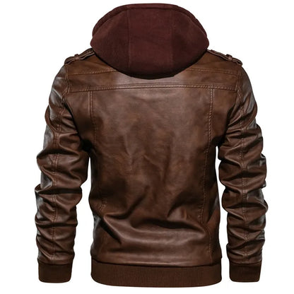 Men's Street Wear Leather Jacket with Detachable Hood | Slim Casual Coat