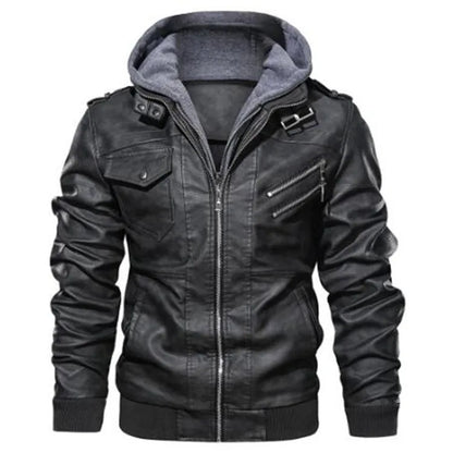 Men's Street Wear Leather Jacket with Detachable Hood | Slim Casual Coat
