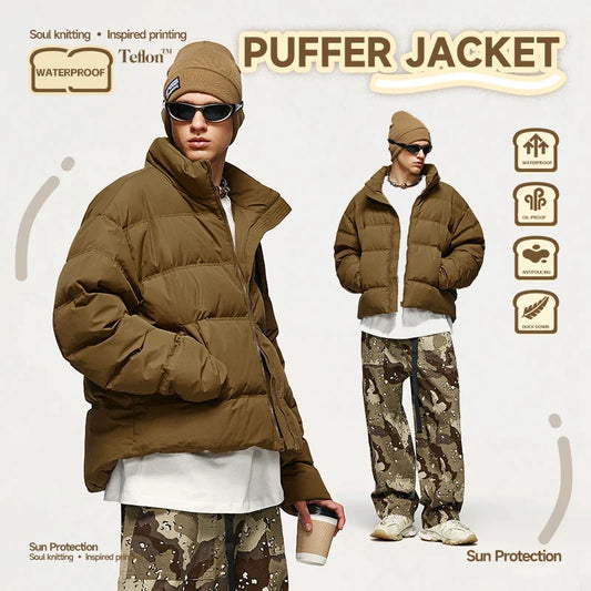 Men's Solid Color Windproof Crop Puffer Jacket | Unisex Winter Outerwear
