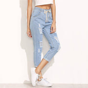 Women's Mid Waist Drawstring Denim Jeans - ByDivStore