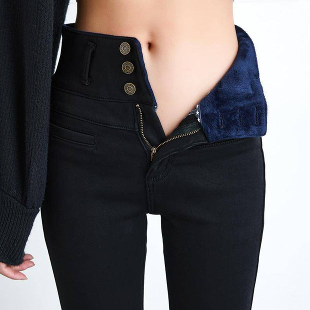Women's High Waist Velvet Thick Jeans - ByDivStore