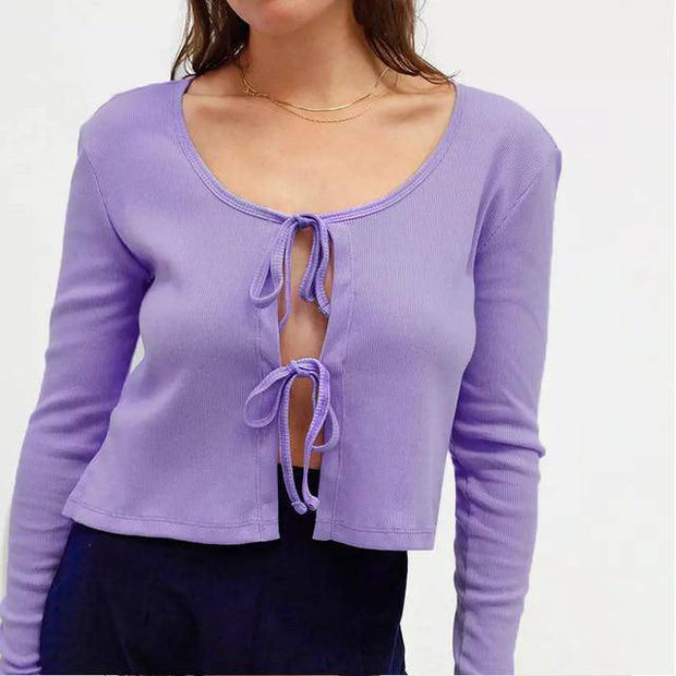 Knotted Tie Cropped Cardigan - ByDivStore